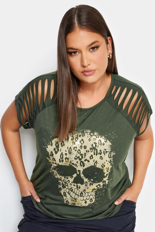 Büyük Beden Kol Detaylı Kuru Kafa Baskılı Bisiklet Yaka T-shirt 321124 Vervegrand