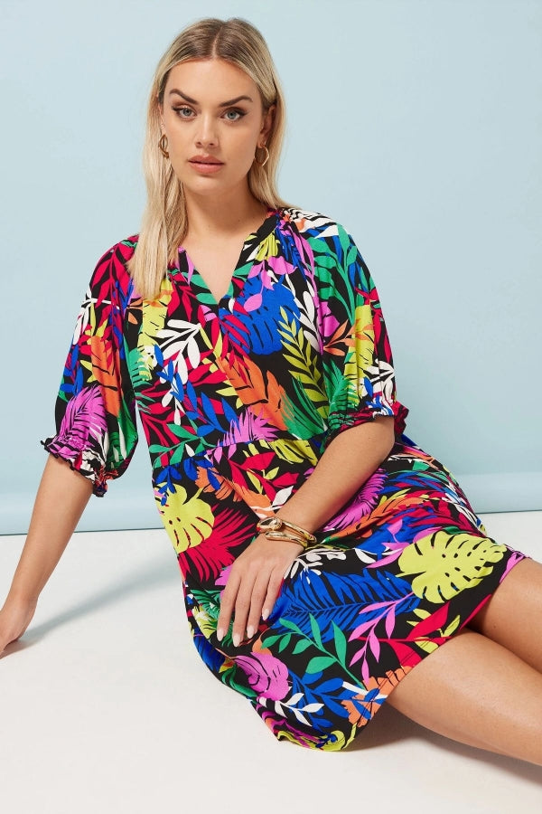 Büyük Beden V Yaka Çiçek Desenli Mini Elbise 304070 Vervegrand