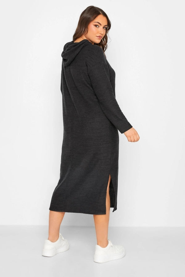 Büyük Beden Kapüşonlu Yırtmaç Detaylı Midi Boy Elbise 301554 Vervegrand