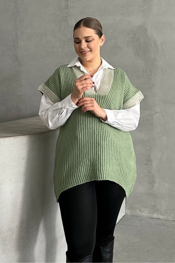 Büyük Beden V Yaka Kısa Kollu Triko Süveter 302136 Vervegrand