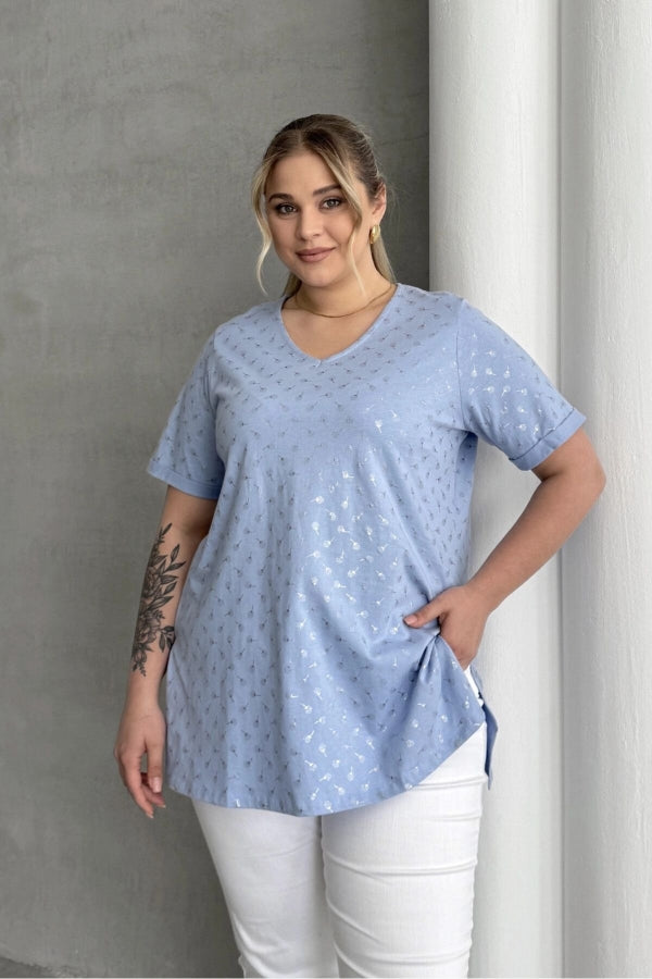 Büyük Beden Kısa Kollu V Yaka Yanları Yırtmaçlı Metalik Baskılı T-shirt 97-46 Vervegrand