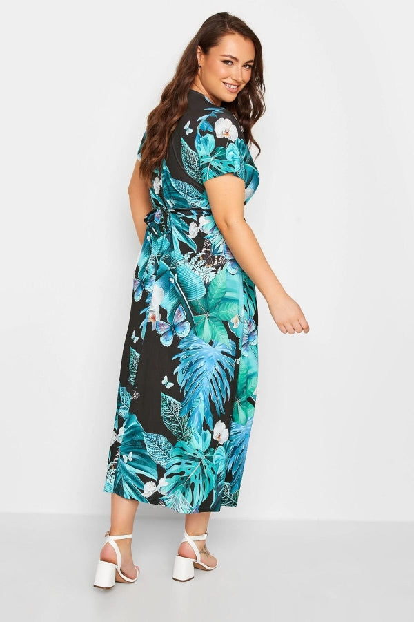 Büyük Beden V Yaka Kısa Kollu Kuşaklı Anvelop Elbise 302293 Vervegrand