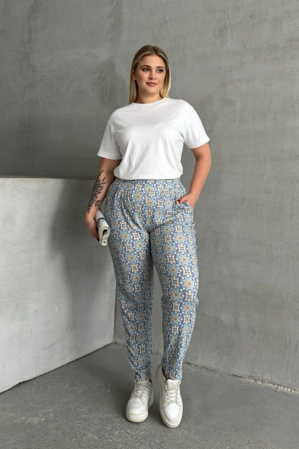 Büyük Beden Beli ve Paçası Lastikli Desenli Cepli Pantolon 303490 Vervegrand