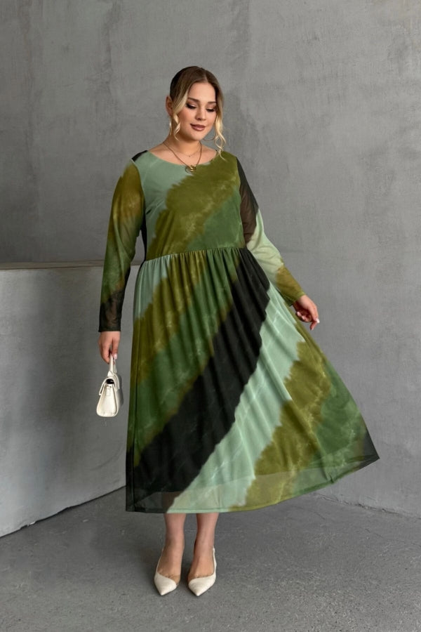 Büyük Beden Bisiklet Yaka Uzun Kollu Beli Lastikli Astarlı Elbise 615922 Vervegrand