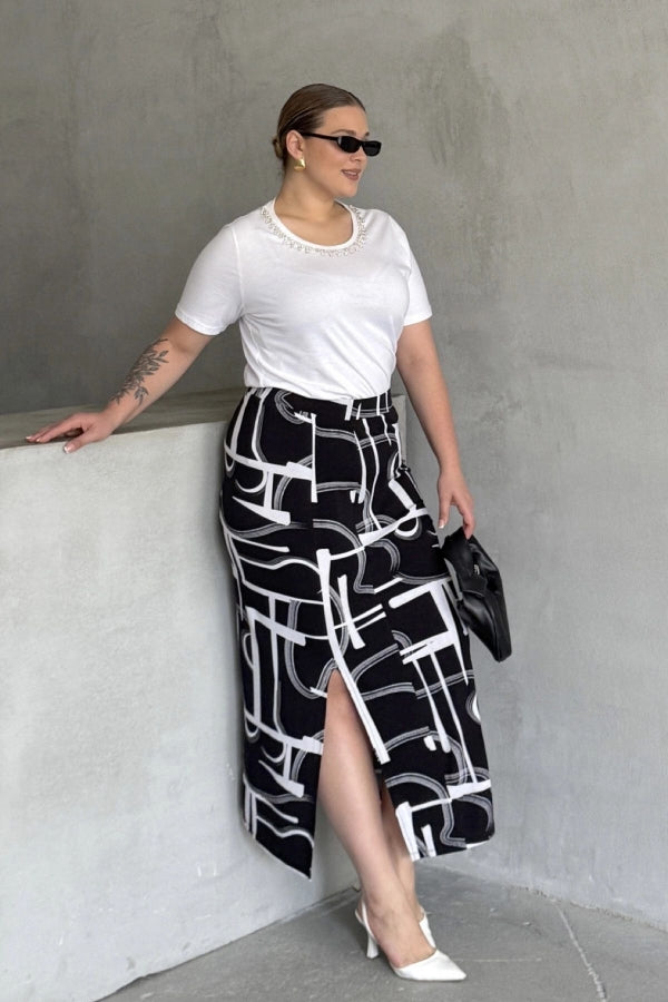 Büyük Beden Beli Lastikli Soyut Desenli Yırtmaç Detaylı Uzun Etek 98-120 Vervegrand