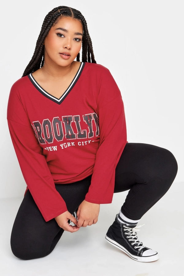 Büyük Beden V Yaka Uzun Kollu Baskılı Oversize T-shirt 321314 Vervegrand