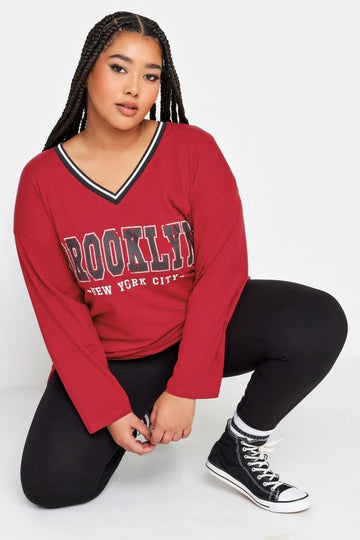 Büyük Beden V Yaka Uzun Kollu Baskılı Oversize T-shirt 321314 Vervegrand