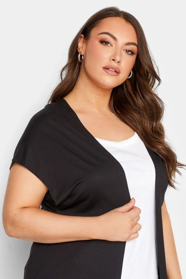 Büyük Beden Yırtmaç Detaylı Düğmesiz Esnek Kumaş Kısa Kollu Hırka 320879 Vervegrand