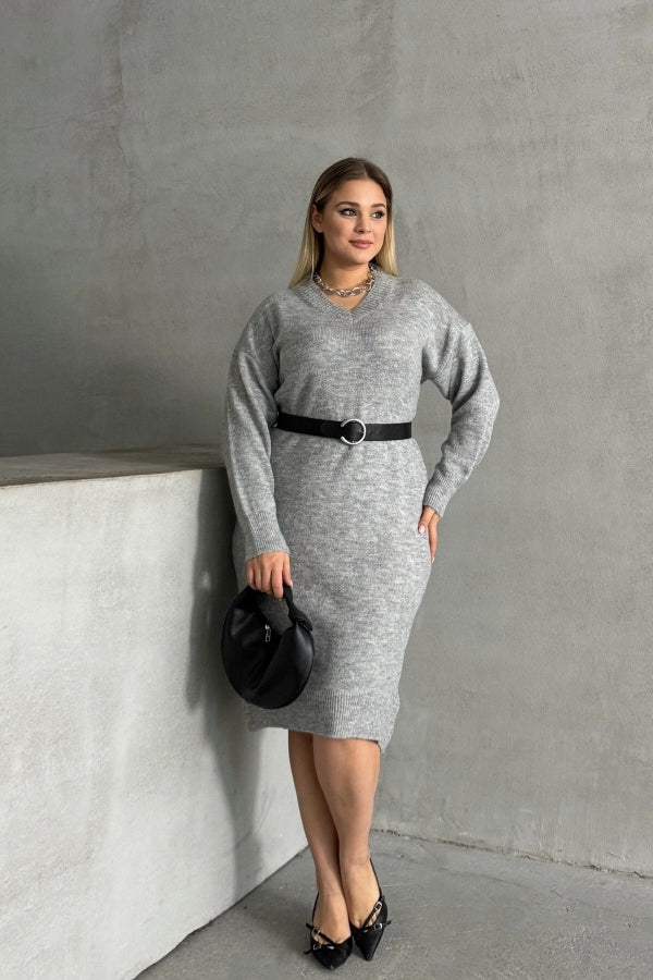 Büyük Beden V Yaka Uzun Kollu Örme Kazak Elbise 302335 Vervegrand