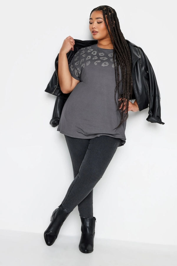 Büyük Beden Pul Detaylı Leopar Desenli Kısa Kollu T-shirt 321326 Vervegrand