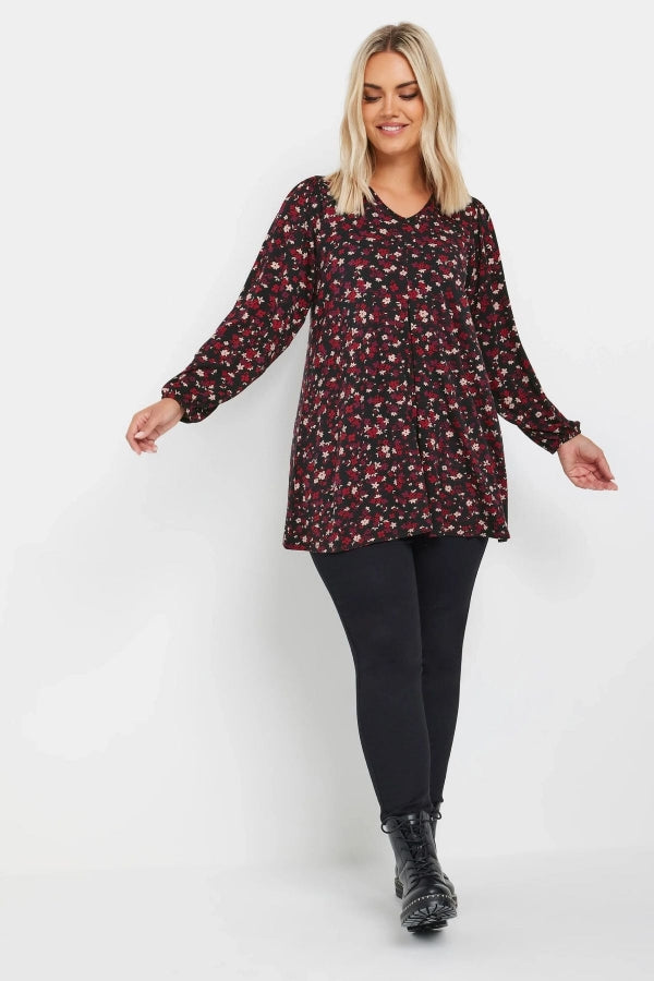 Büyük Beden V Yaka Uzun Kollu Çiçek Desenli Bluz 322098 Vervegrand