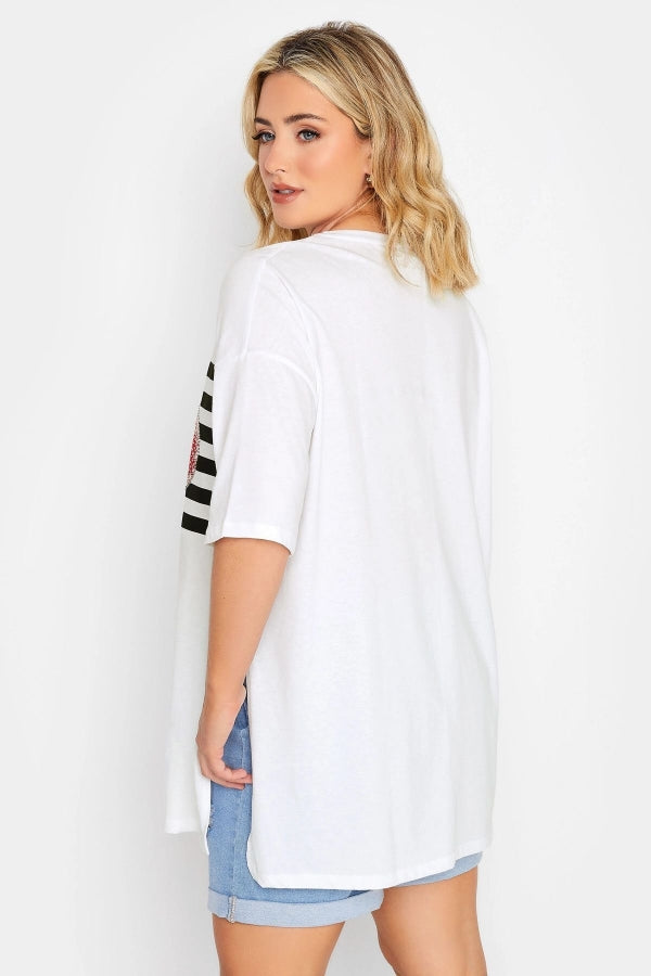 Büyük Beden Kalp Baskılı Yanı Yırtmaç Detaylı Yarım Kollu Bisiklet Yaka T-shirt 320964 Vervegrand