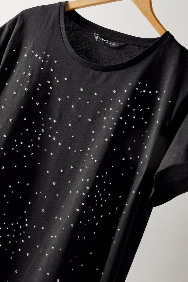 Büyük Beden Bisiklet Yaka Kısa Kollu Taş Yapıştırma Basic T-shirt 615350 Vervegrand