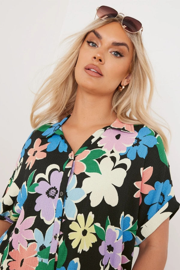 Büyük Beden Önü Düğmeli Kısa Kollu Çiçek Desenli Gömlek 303964 Vervegrand