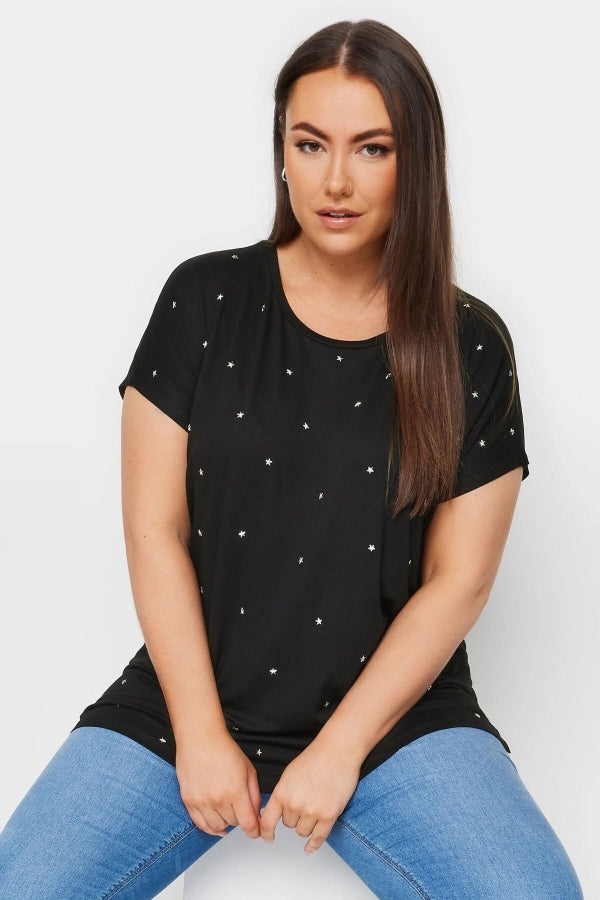 Büyük Beden Bisiklet Yaka Kısa Kollu Yıldız Zımbalı T-shirt 303260 Vervegrand