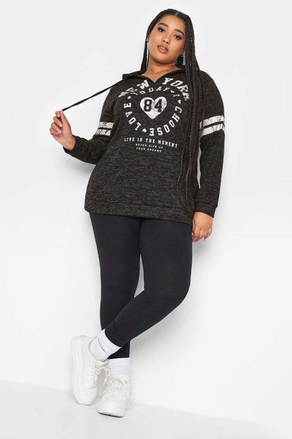 Büyük Beden V Yaka Baskılı Kapüşonlu Uzun Kollu Sweatshirt 302595 Vervegrand