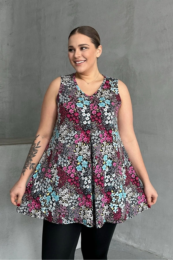 Büyük Beden V Yaka Sıfır Kol Çiçek Desenli Bluz 302261 Vervegrand