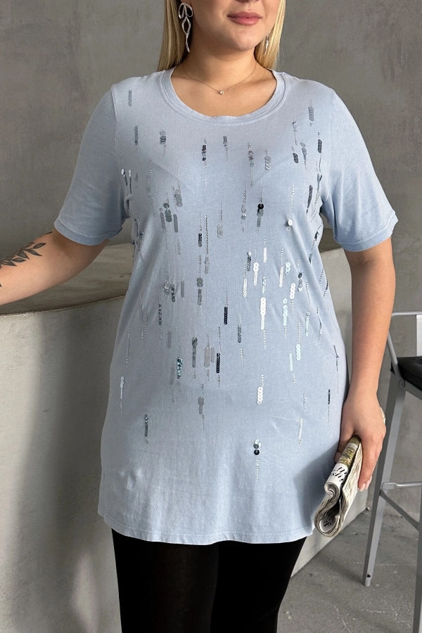 Büyük Beden Bisiklet Yaka Payet Süslemeli Kısa Kollu T-shirt 302015 Vervegrand