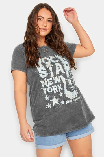 Vervegrand büyük beden gri yıkamalı rock star baskılı t-shirt