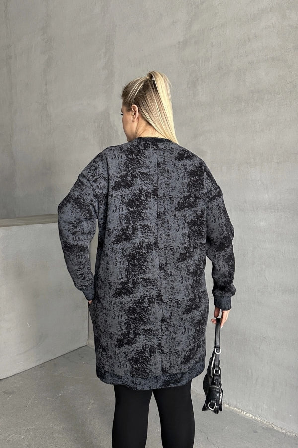 Büyük Beden Uzun Kollu Bisiklet Yaka Cepli Desenli Elbise 106-75 Vervegrand