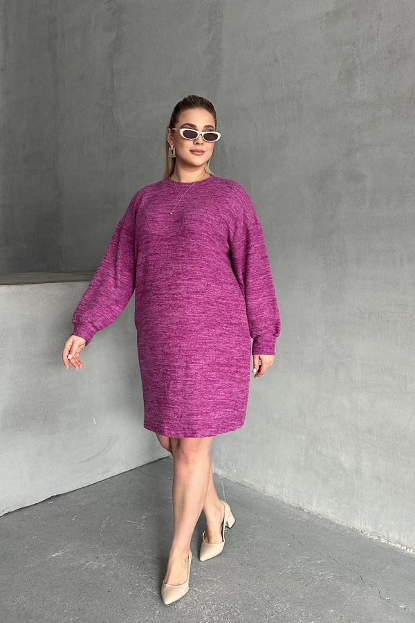 Büyük Beden Uzun Kollu Bisiklet Yaka Kırçıllı Elbise 84-162 Vervegrand