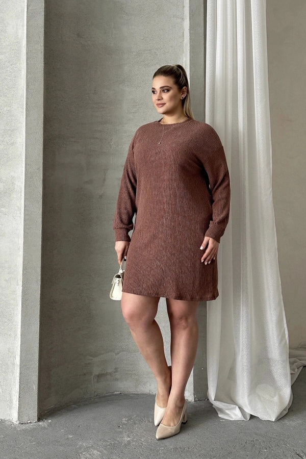 Büyük Beden Uzun Kollu Bisiklet Yaka Düz Kesim Elbise 100-189 Vervegrand