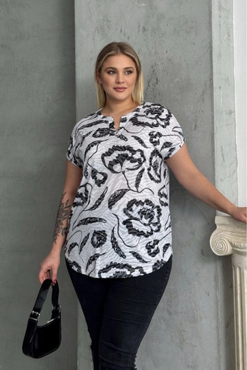 Büyük Beden Kısa Kollu V Yaka Desenli T-shirt 97-83 Vervegrand