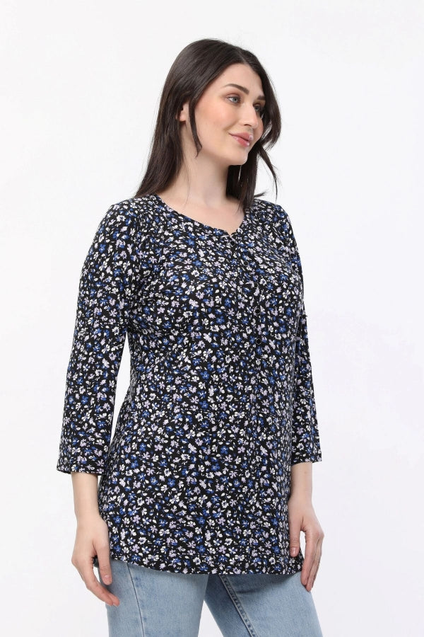 Büyük Beden Çiçek Desenli Önü Düğmeli Fakir Kol Bluz E15156 Vervegrand