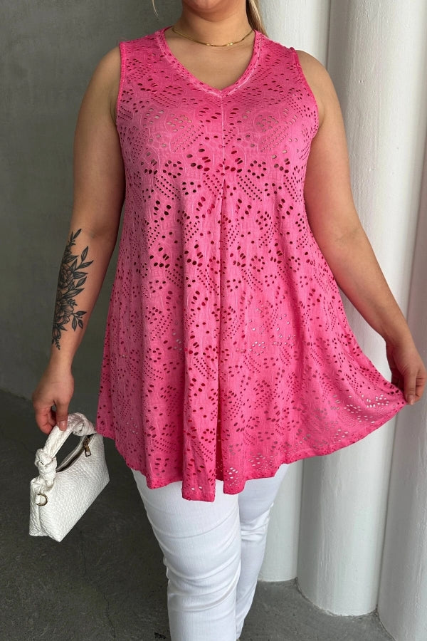 Büyük Beden V Yaka Sıfır Kol Dantel Detaylı Astarsız Bluz 302967 Vervegrand