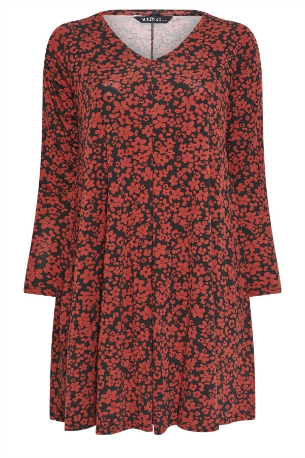 Büyük Beden V Yaka Çiçek Desenli Uzun Kollu Kısa Elbise 137668 Vervegrand