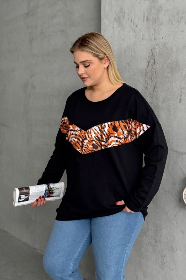 Büyük Beden Bisiklet Yaka Uzun Kollu Leopar Desenli Sweatshirt 300281 Vervegrand