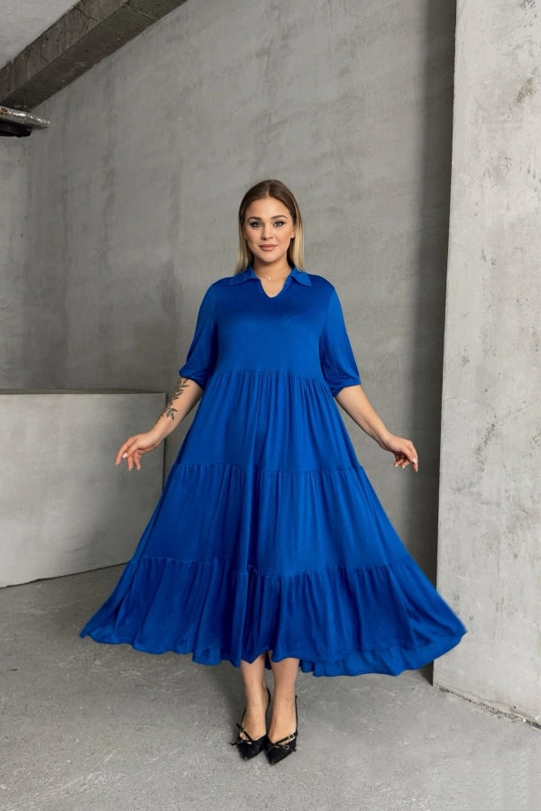 Büyük Beden V Yaka Yarım Kollu Beli Lastikli Uzun Elbise 302149 Vervegrand