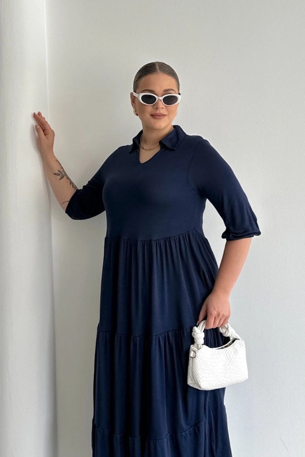 Büyük Beden V Yaka Yarım Kollu Beli Lastikli Uzun Elbise T44 Vervegrand