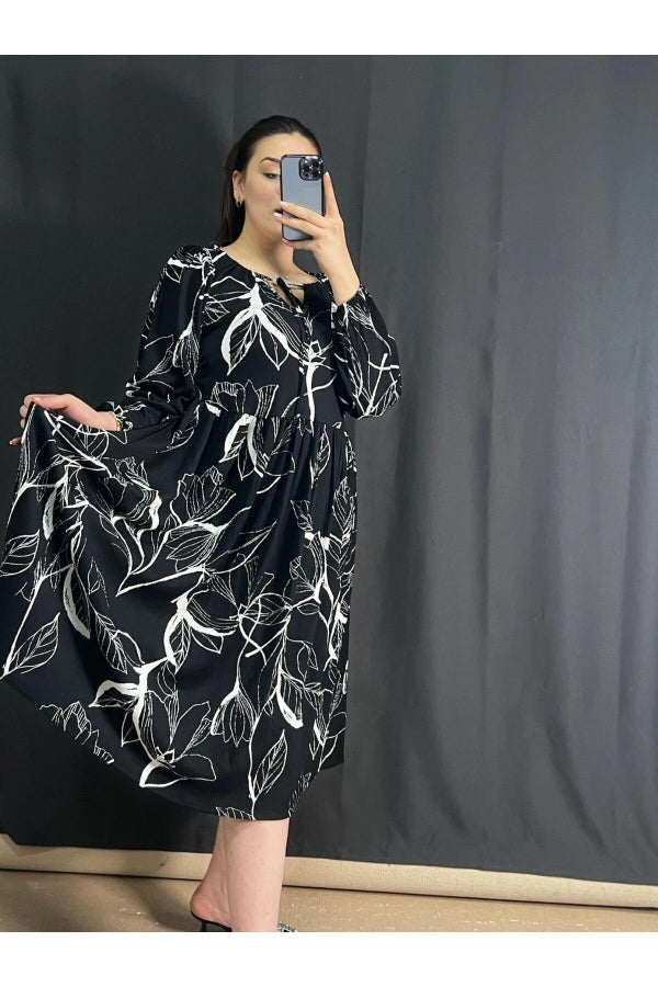 Büyük Beden Önü Bağlamalı Desenli Uzun Kollu Midi Elbise 302741 Vervegrand