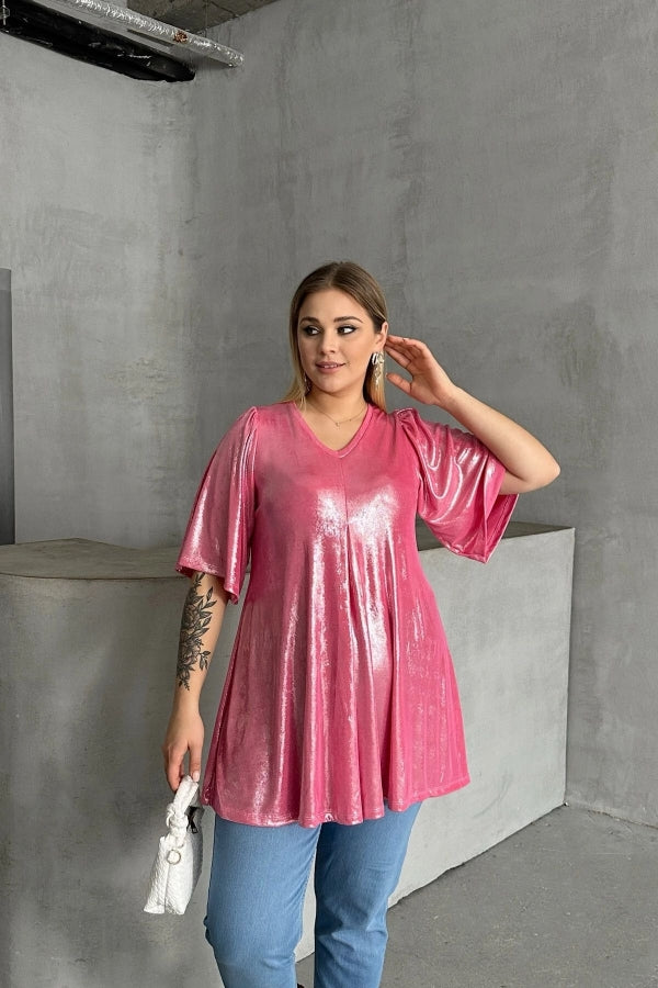 Büyük Beden V Yaka Kısa Kollu Parlak Görünümlü Bluz 303380 Vervegrand