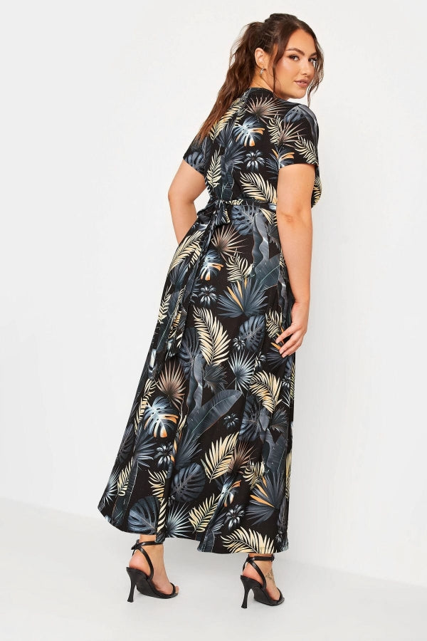 Büyük Beden V Yaka Desenli Kuşaklı Likralı Yarım Kol Anvelop Elbise 302153 Vervegrand