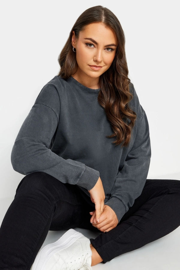 Büyük Beden Bisiklet Yaka Sırt Detaylı Uzun Kollu Yıkamalı Sweatshirt 302775 Vervegrand