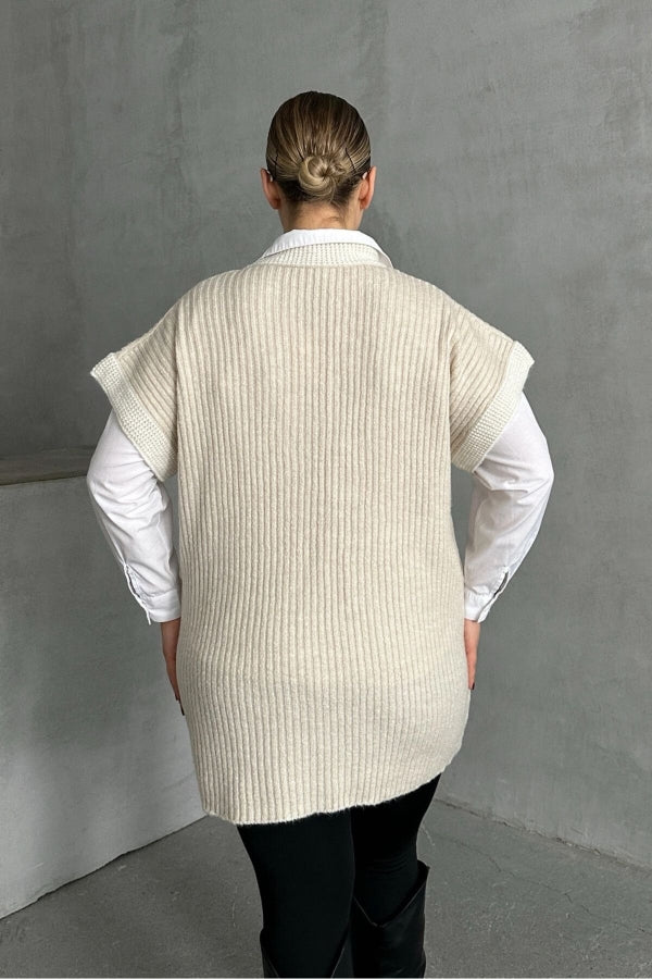 Büyük Beden V Yaka Kısa Kollu Triko Süveter 302137 Vervegrand