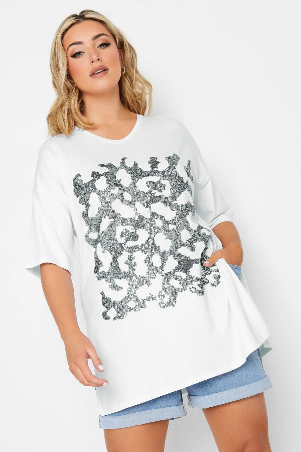 Vervegrand büyük beden payet işlemeli beyaz t-shirt ön görünüm