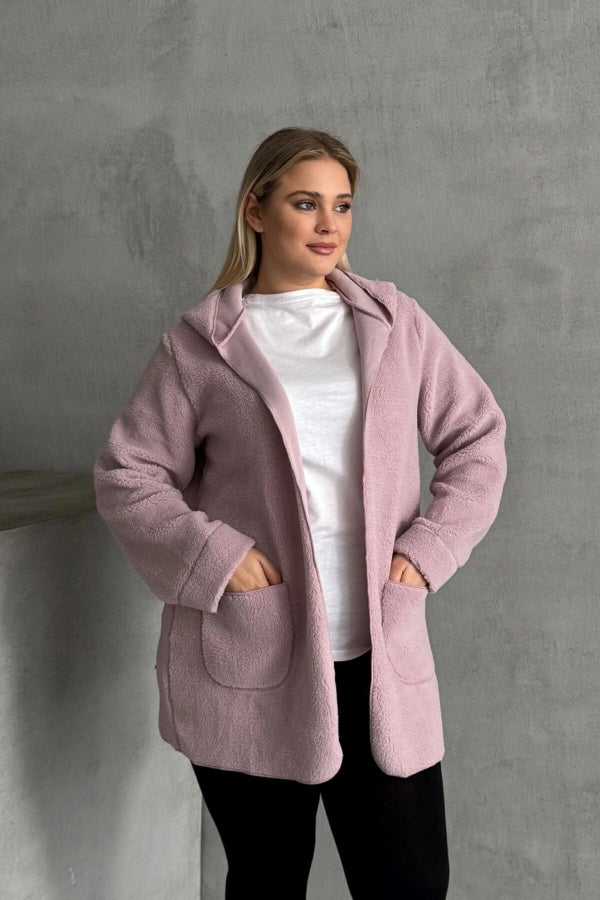 Büyük Beden Uzun Kollu Kapüşonlu Önü Kapamasız Cepli Peluş Ceket 97-14 Vervegrand