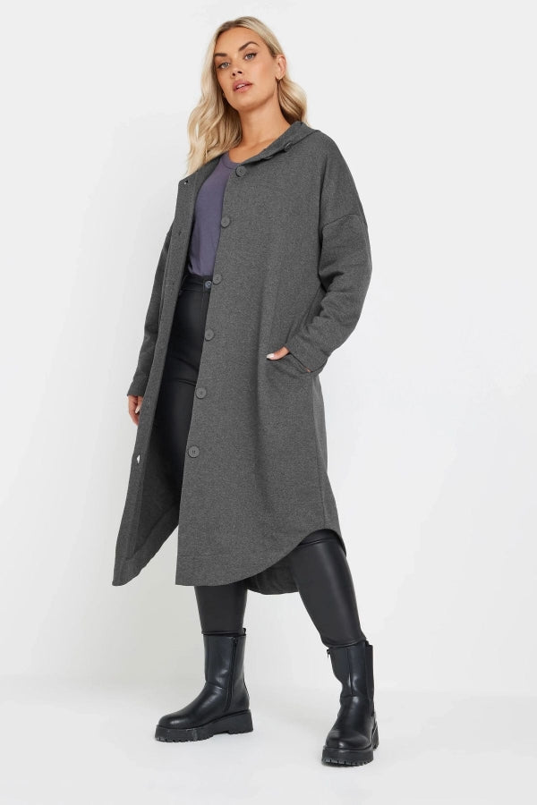 Büyük Beden Kapüşonlu Cepli Önü Düğme Kapamalı Uzun Ceket 303762 Vervegrand
