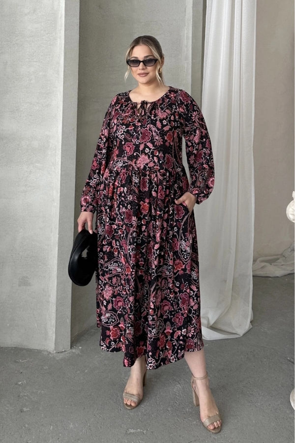 Büyük Beden Önü Bağlamalı Desenli Uzun Kollu Midi Elbise 615699 Vervegrand