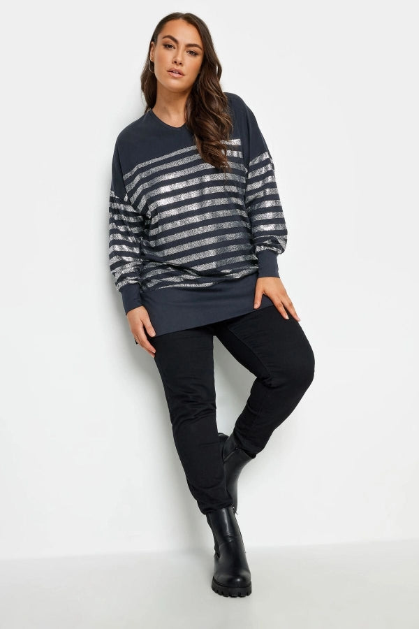 Büyük Beden V Yaka Uzun Kollu Metalik Çizgili Sweatshirt 302790 Vervegrand