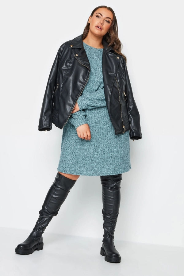 Büyük Beden Bisiklet Yaka Uzun Kollu Örme Kısa Elbise 302611 Vervegrand