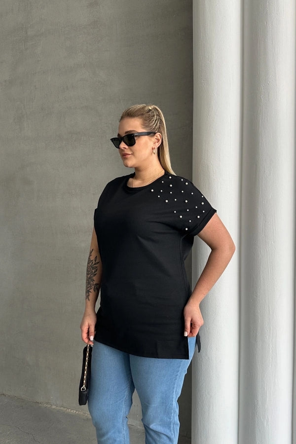 Büyük Beden Kısa Kollu Bisiklet Yaka Yanları Yırtmaçlı Boncuklu Basic T-shirt RFT-03 Vervegrand