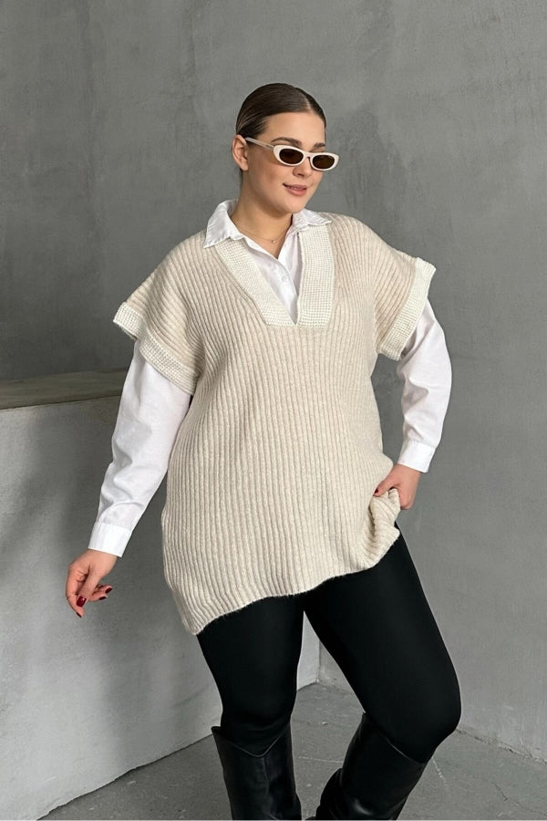 Büyük Beden V Yaka Kısa Kollu Triko Süveter 302137 Vervegrand
