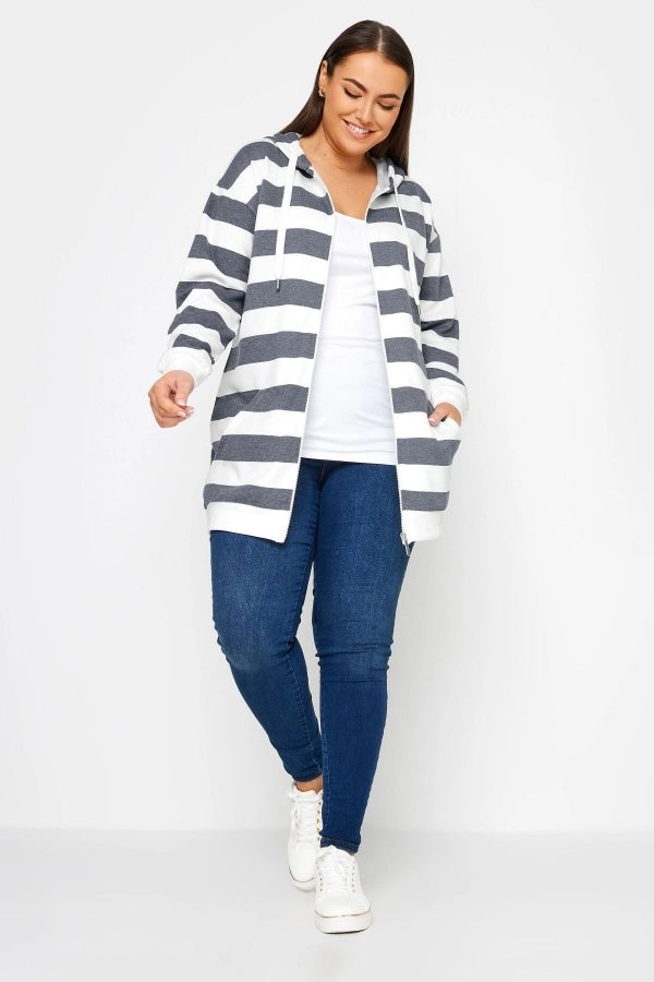 Büyük Beden Kapüşonlu Fermuarlı Çizgili Uzun Kollu Sweatshirt 302936 Vervegrand