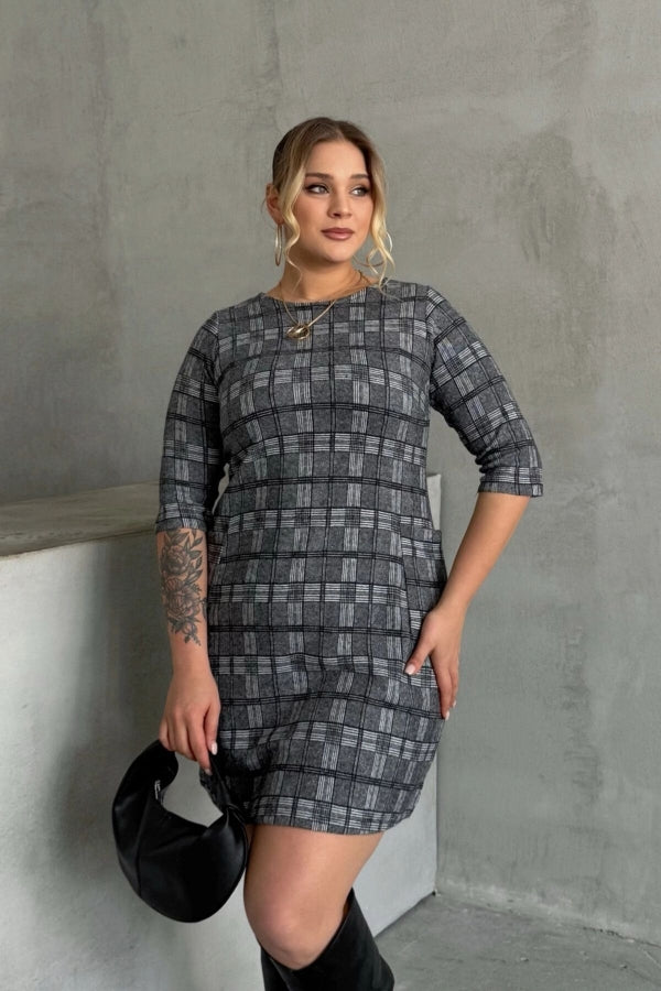 Büyük Beden Bisiklet Yaka Yarım Kollu Cepli Desenli Elbise 301507 Vervegrand