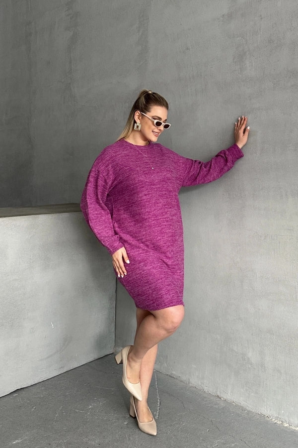 Büyük Beden Uzun Kollu Bisiklet Yaka Kırçıllı Elbise 84-162 Vervegrand