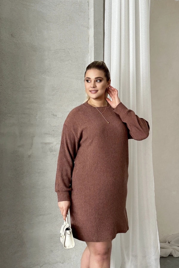 Büyük Beden Uzun Kollu Bisiklet Yaka Düz Kesim Elbise 100-189 Vervegrand